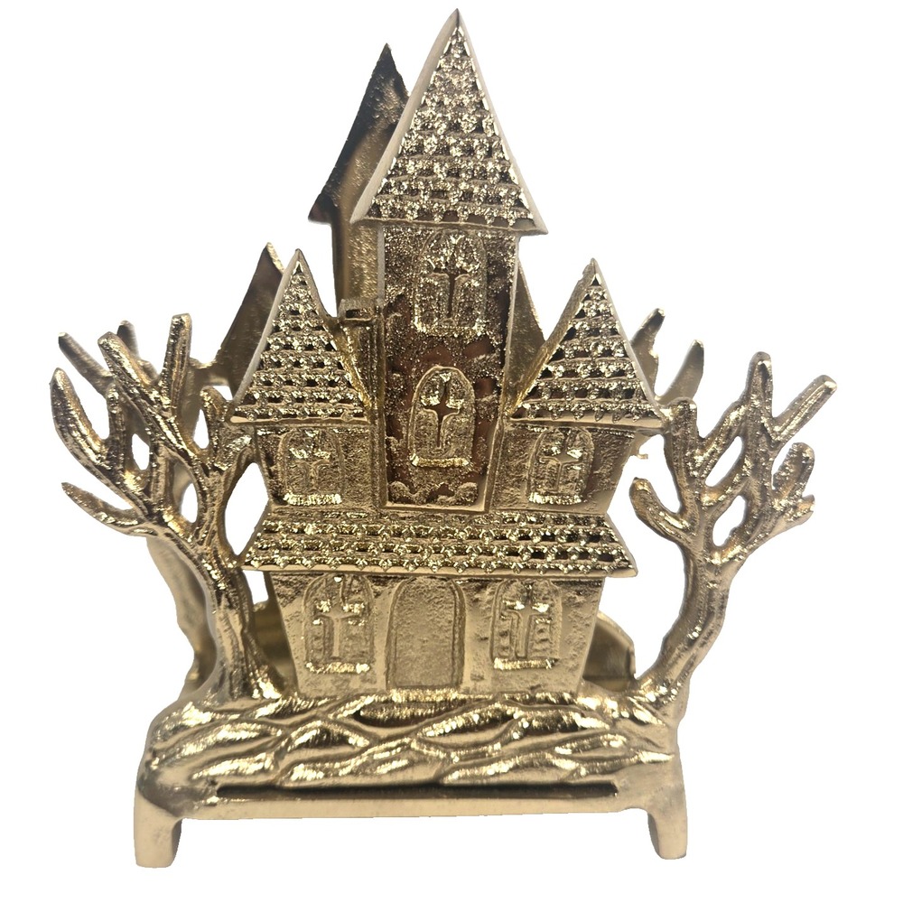 Gold Haunted House Napkin Holder Halloween Gothic Metal Trees 7 Inch